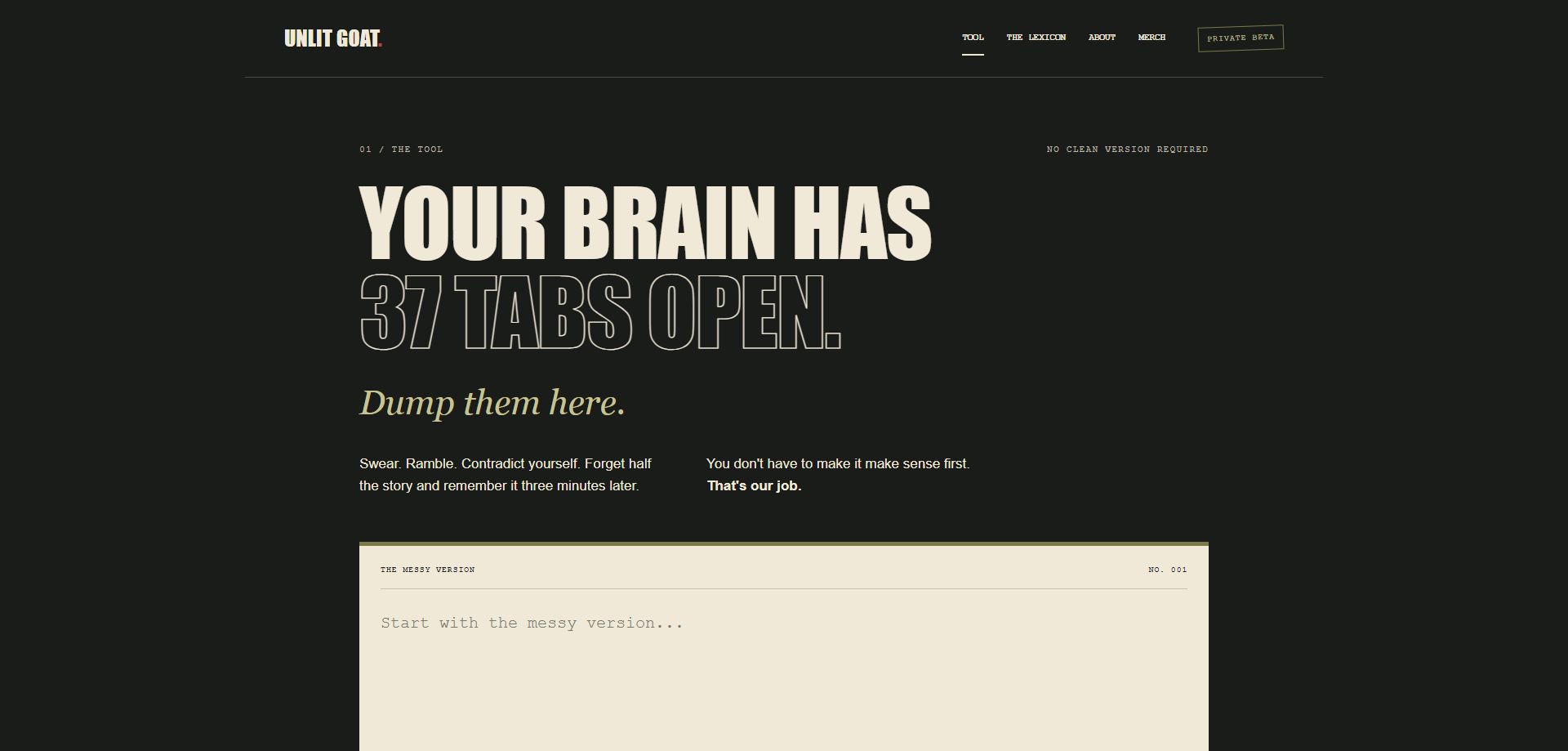 The actual Unlit Goat beta tool: Your brain has 37 tabs open